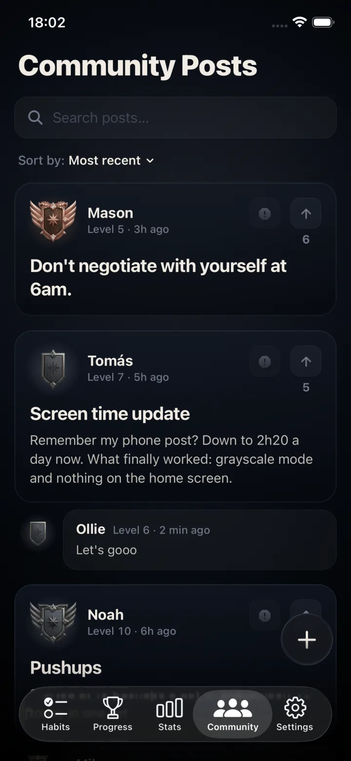 Kronus Community screen with posts from members and their rank badges