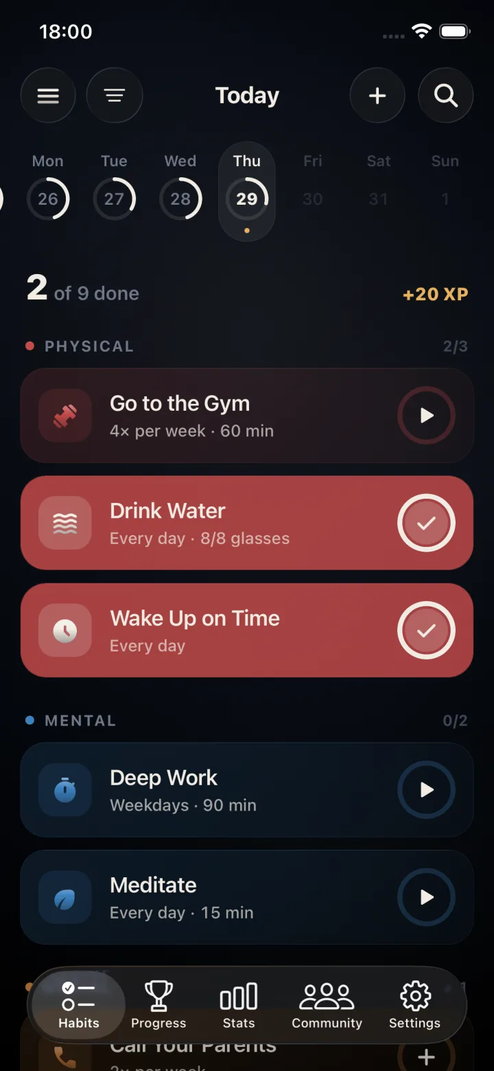 Kronus Habits screen: today's habits grouped into Physical and Mental, with Drink Water and Wake Up on Time checked off